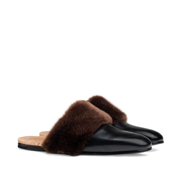 Gucci men’s leather fur logo leather Princetown mules NWB - Picture 3 of 10
